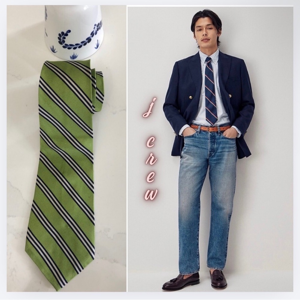 J. Crew Green Striped Silk Imported Tie - Picture 1 of 15
